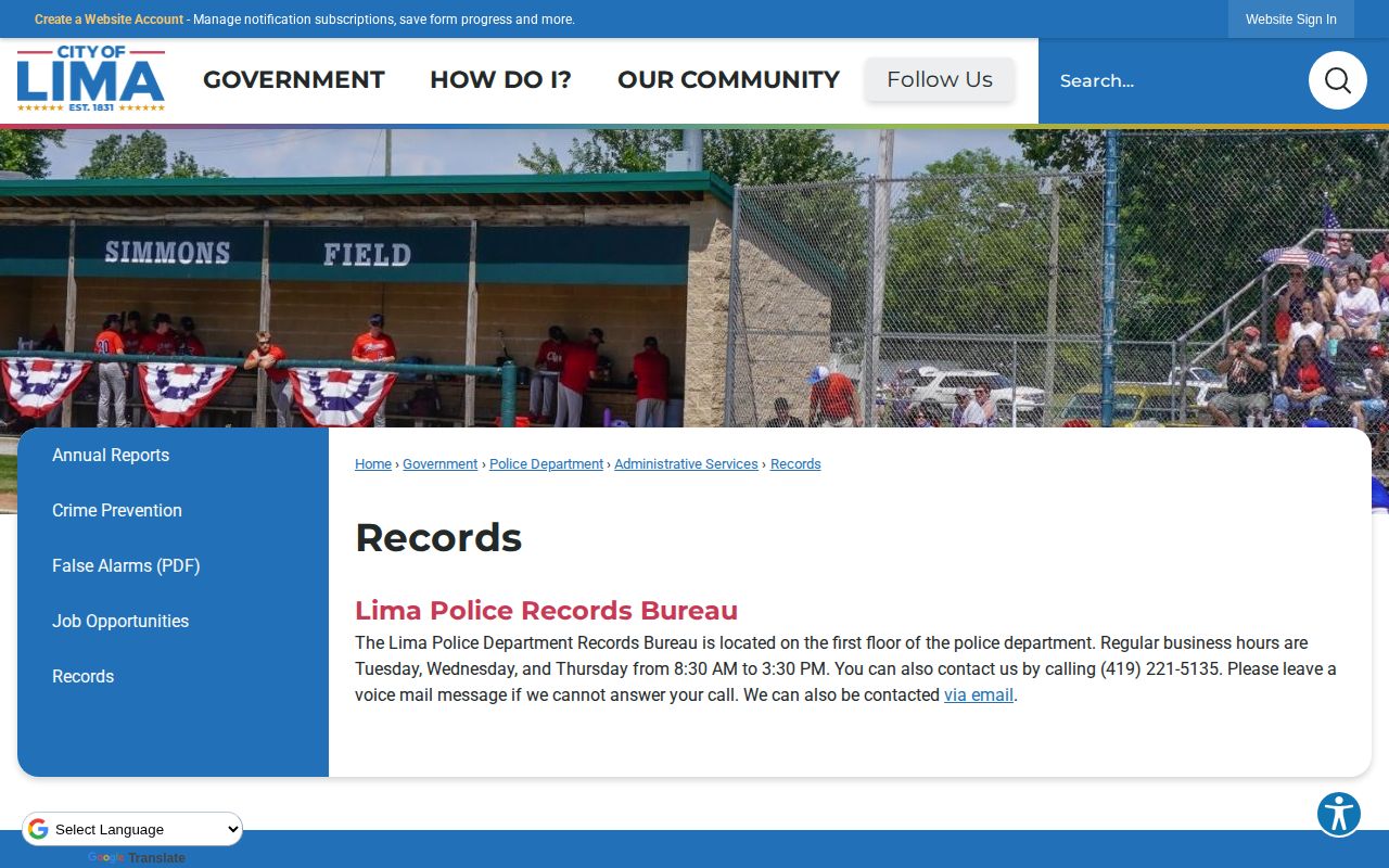 Lima Police Records page for city arrest record requests